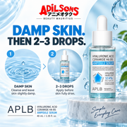 Adilsons sales creative for APLB Hyaluronic Acid Ceramide HA B5 Ampoule Serum 40 mL: Damp Skin. Then 2–3 Drops.
