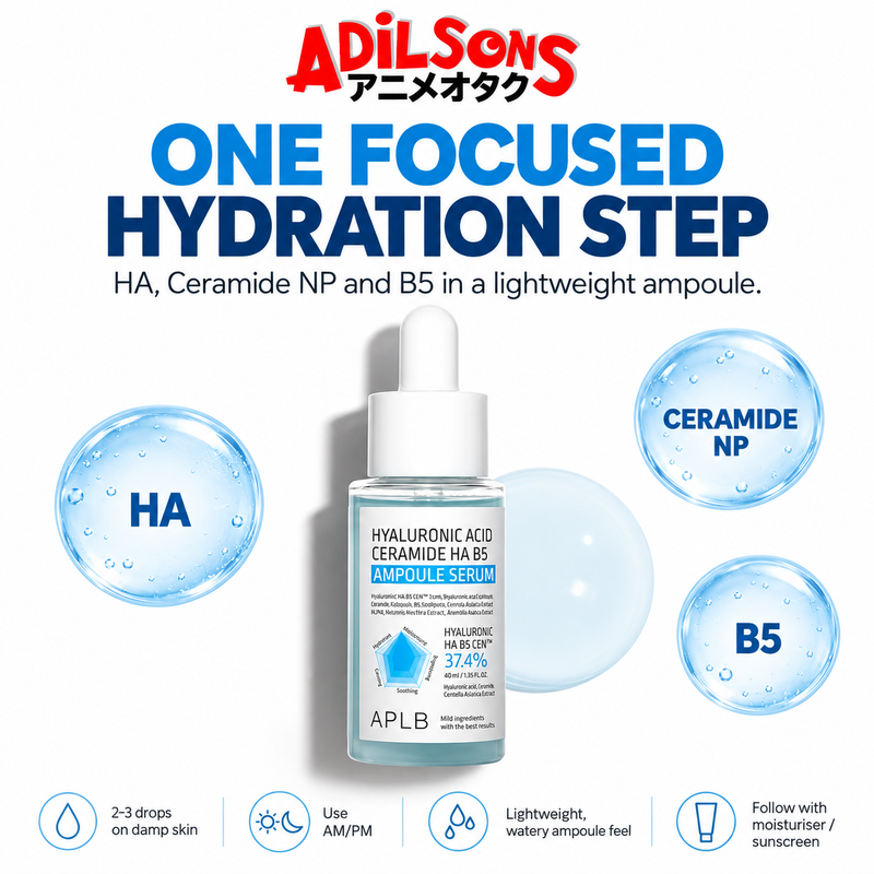 Adilsons sales creative for APLB Hyaluronic Acid Ceramide HA B5 Ampoule Serum 40 mL: One Focused Hydration Step