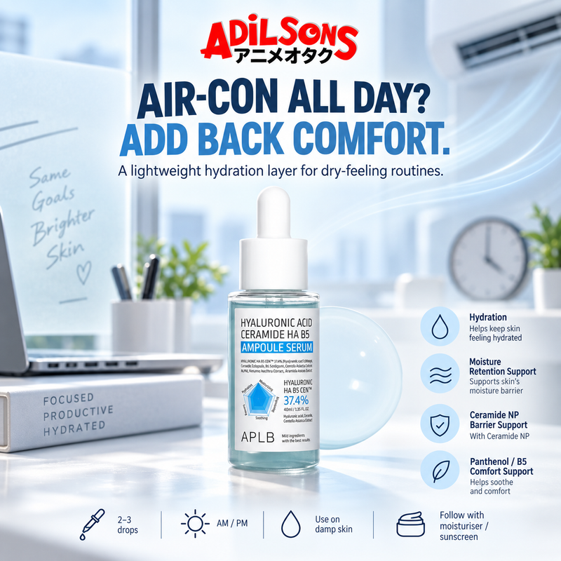 Adilsons sales creative for APLB Hyaluronic Acid Ceramide HA B5 Ampoule Serum 40 mL: Air-Con All Day? Add Back Comfort.