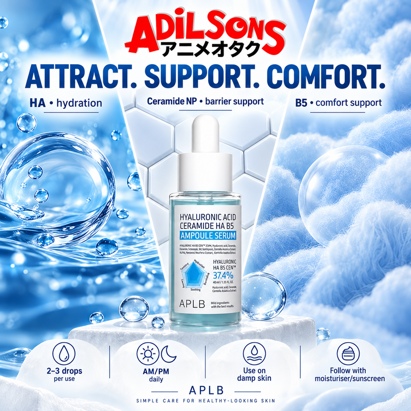 Adilsons sales creative for APLB Hyaluronic Acid Ceramide HA B5 Ampoule Serum 40 mL: Attract. Support. Comfort.