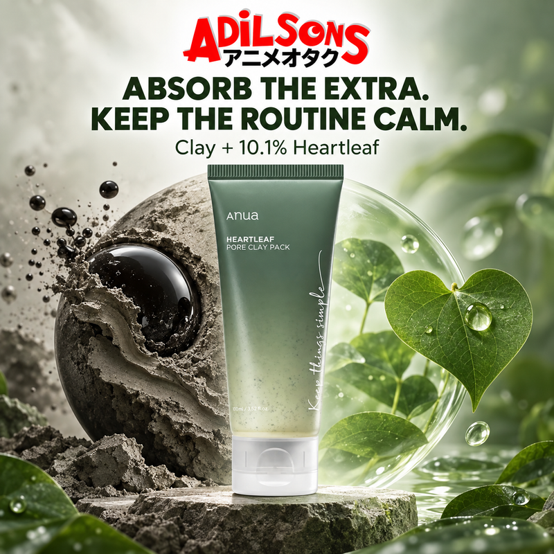 Adilsons ad for Anua Heartleaf Pore Clay Pack 100ml: Absorb The Extra. Keep The Routine Calm.