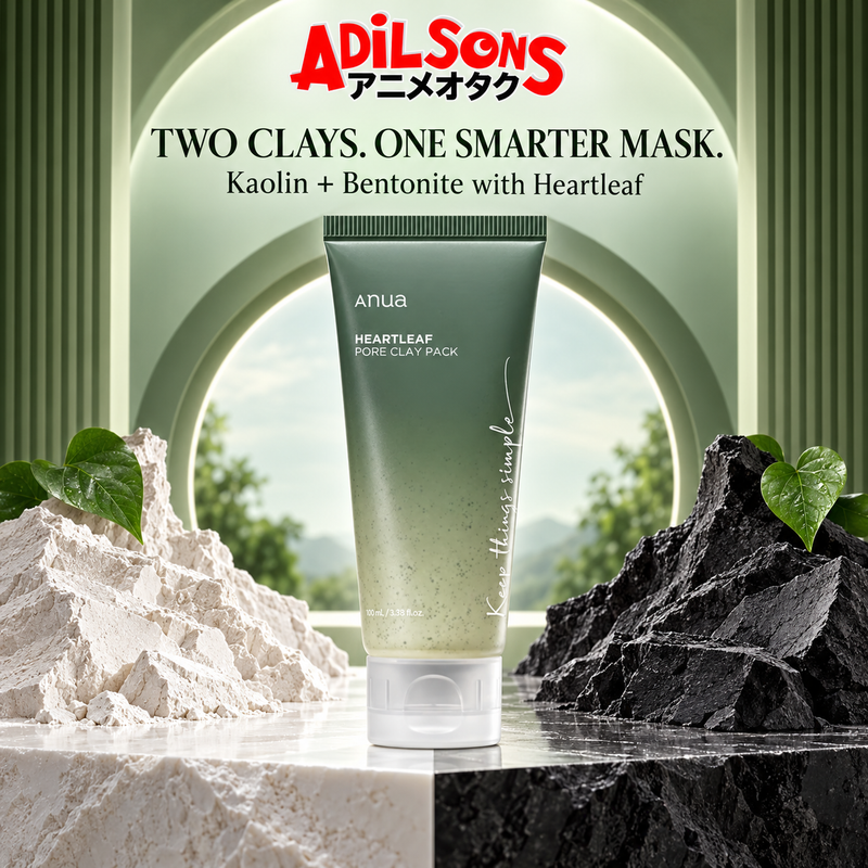 Adilsons ad for Anua Heartleaf Pore Clay Pack 100ml: Two Clays. One Smarter Mask.