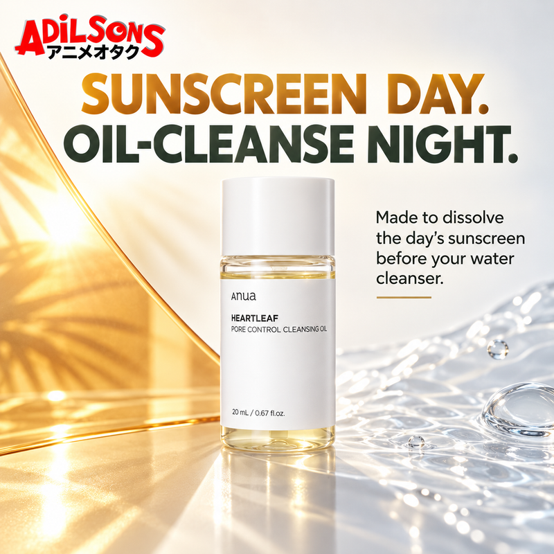 Adilsons Beauty ad for Anua Heartleaf Pore Control Cleansing Oil 20 mL: Sunscreen Day. Oil-Cleanse Night..