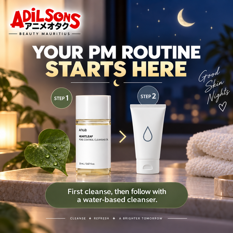 Adilsons Beauty ad for Anua Heartleaf Pore Control Cleansing Oil 20 mL: Your Pm Routine Starts Here.