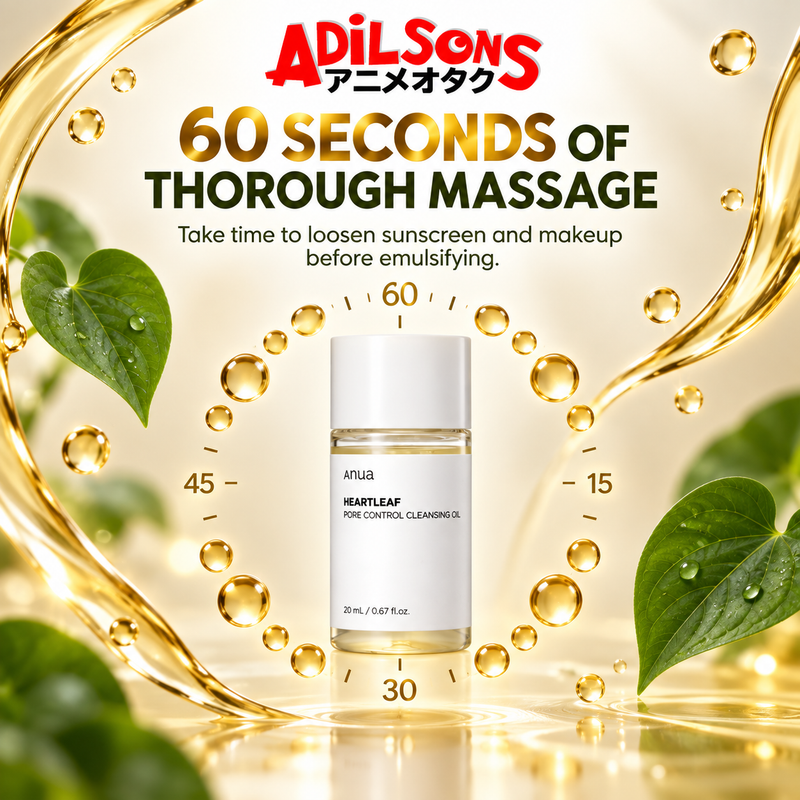 Adilsons Beauty ad for Anua Heartleaf Pore Control Cleansing Oil 20 mL: 60 Seconds Of Thorough Massage.