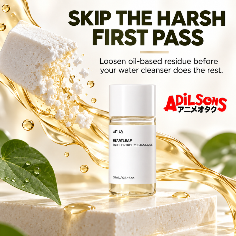 Adilsons Beauty ad for Anua Heartleaf Pore Control Cleansing Oil 20 mL: Skip The Harsh First Pass.