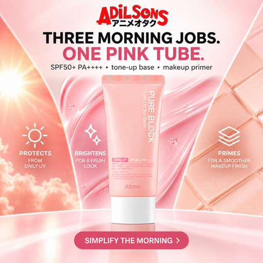 Adilsons sales creative for A'pieu Pure Block Tone-Up Sun Base EX 50ml: Three Morning Jobs. One Pink Tube.