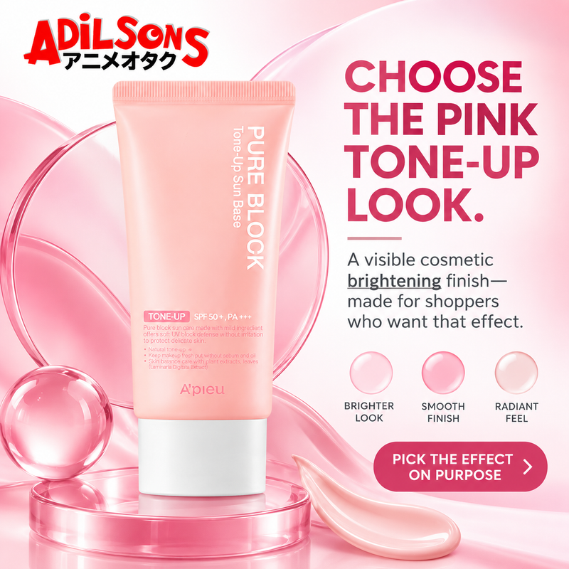 Adilsons sales creative for A'pieu Pure Block Tone-Up Sun Base EX 50ml: Choose The Pink Tone-Up Look.