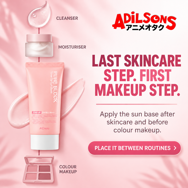 Adilsons sales creative for A'pieu Pure Block Tone-Up Sun Base EX 50ml: Last Skincare Step. First Makeup Step.