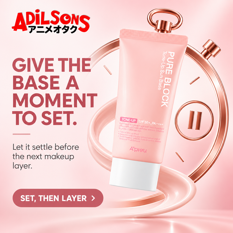 Adilsons sales creative for A'pieu Pure Block Tone-Up Sun Base EX 50ml: Give The Base A Moment To Set.