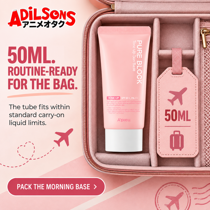 Adilsons sales creative for A'pieu Pure Block Tone-Up Sun Base EX 50ml: 50Ml. Routine-Ready For The Bag.