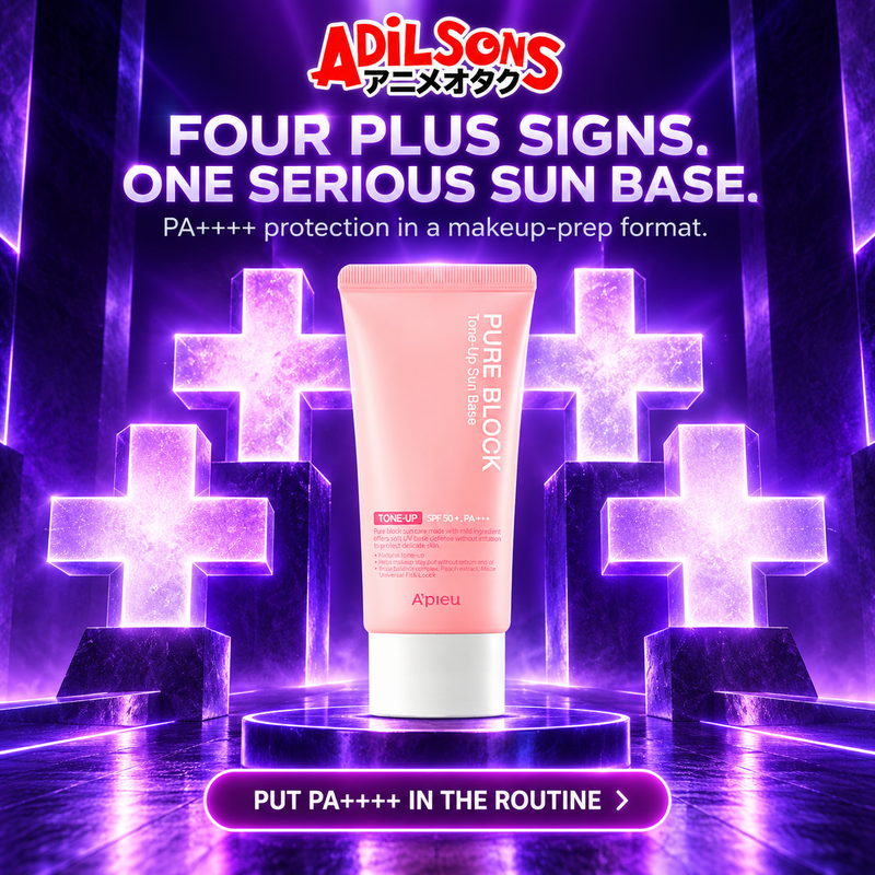 Adilsons sales creative for A'pieu Pure Block Tone-Up Sun Base EX 50ml: Four Plus Signs. One Serious Sun Base.