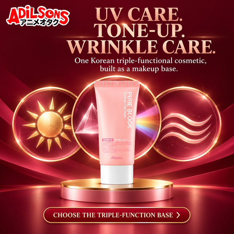 Adilsons sales creative for A'pieu Pure Block Tone-Up Sun Base EX 50ml: Uv Care. Tone-Up. Wrinkle Care.