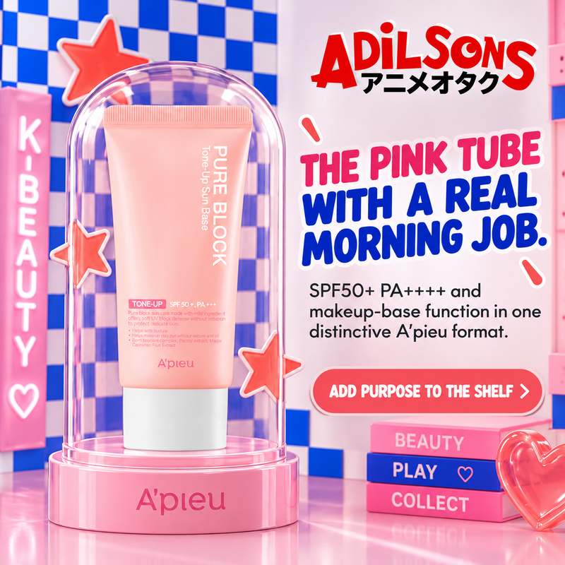 Adilsons sales creative for A'pieu Pure Block Tone-Up Sun Base EX 50ml: The Pink Tube With A Real Morning Job.
