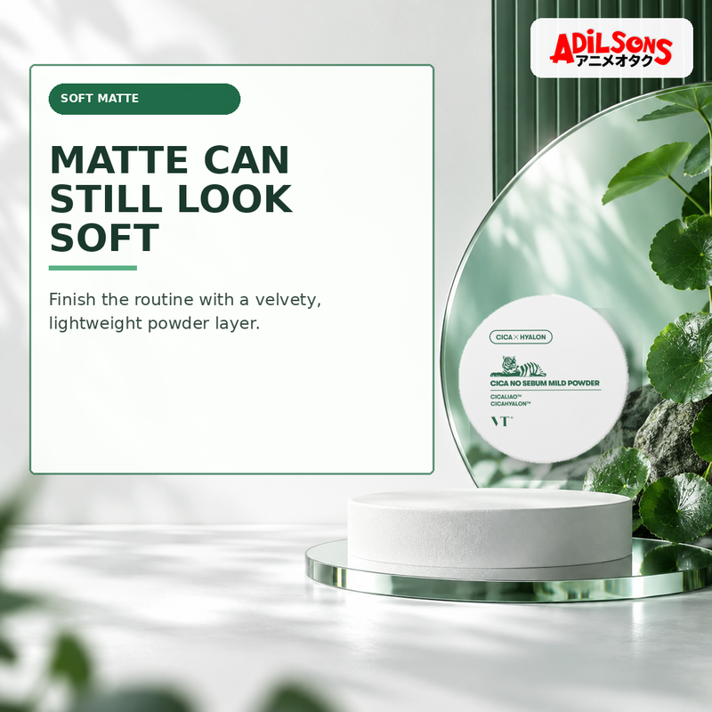 Adilsons Beauty creative for VT Cica No-Sebum Mild Powder 5g — Soft-matte finish.