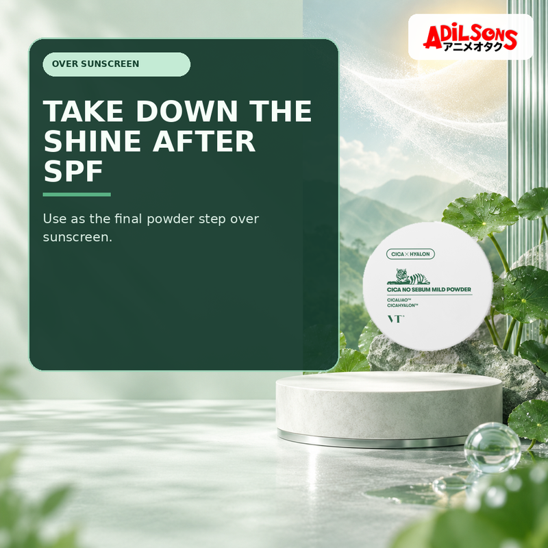 Adilsons Beauty creative for VT Cica No-Sebum Mild Powder 5g — Sunscreen finishing step.