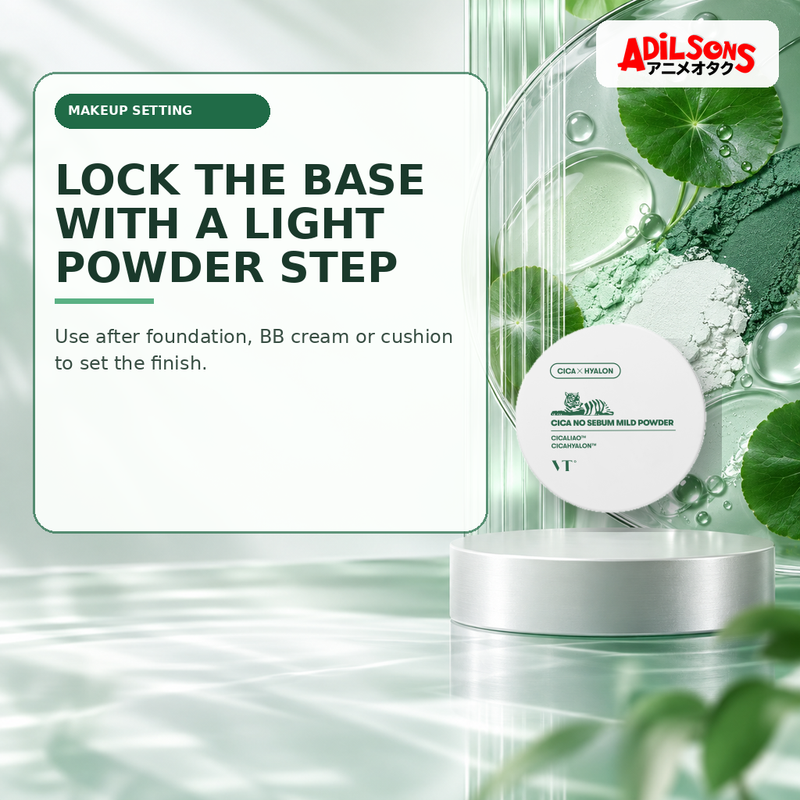 Adilsons Beauty creative for VT Cica No-Sebum Mild Powder 5g — Makeup setting.