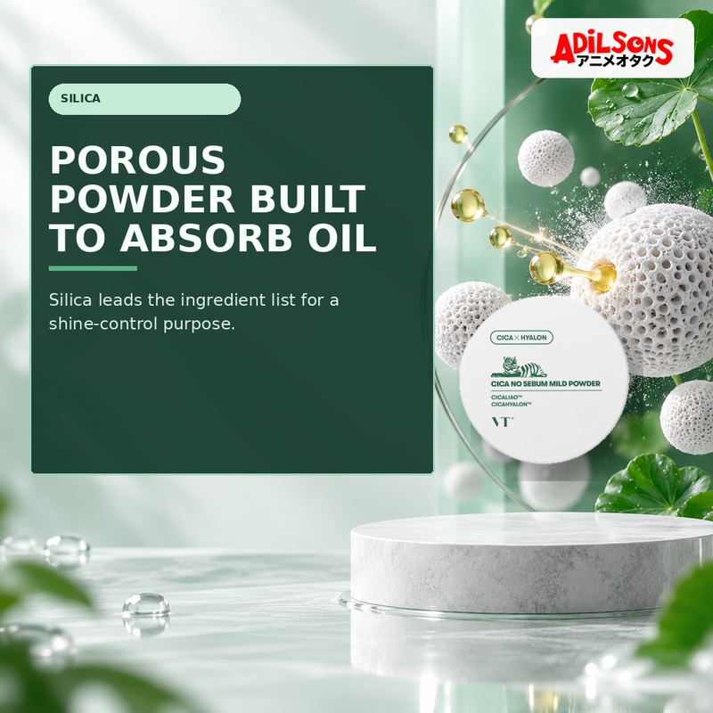 Adilsons Beauty creative for VT Cica No-Sebum Mild Powder 5g — Silica formula fact.