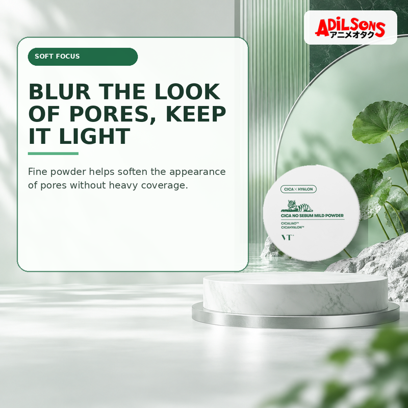 Adilsons Beauty creative for VT Cica No-Sebum Mild Powder 5g — Soft-focus appearance.