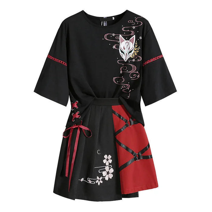 Vintage Sakura Fox Print T-Shirt and Skirt