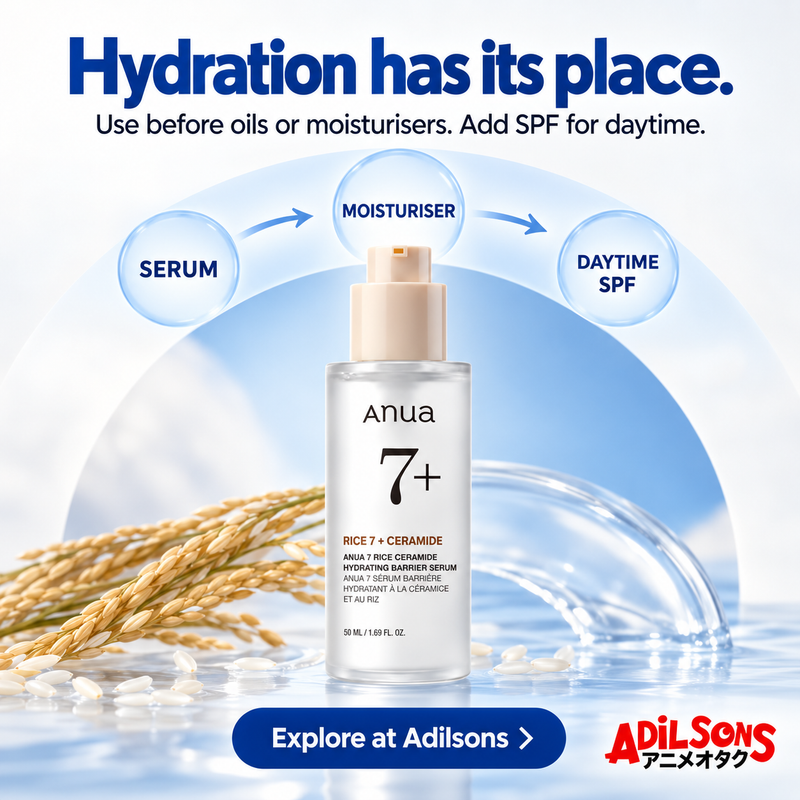 Anua Rice Ceramide Serum creative 14: Hydration has its place. Use before oils or moisturisers. Add SPF for daytime.