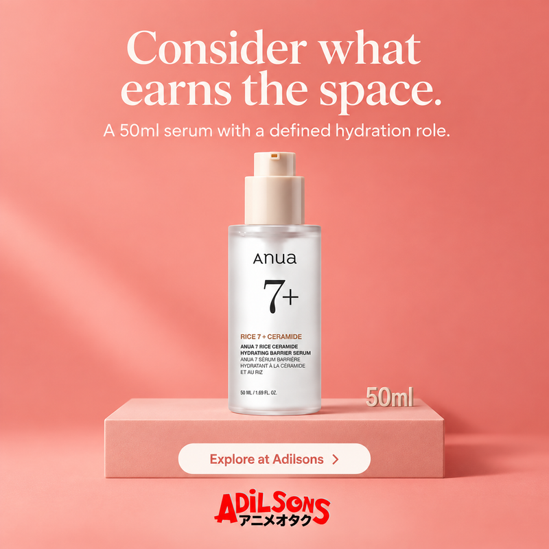 Anua Rice Ceramide Serum creative 17: Consider what earns the space. A 50ml serum with a defined hydration role.
