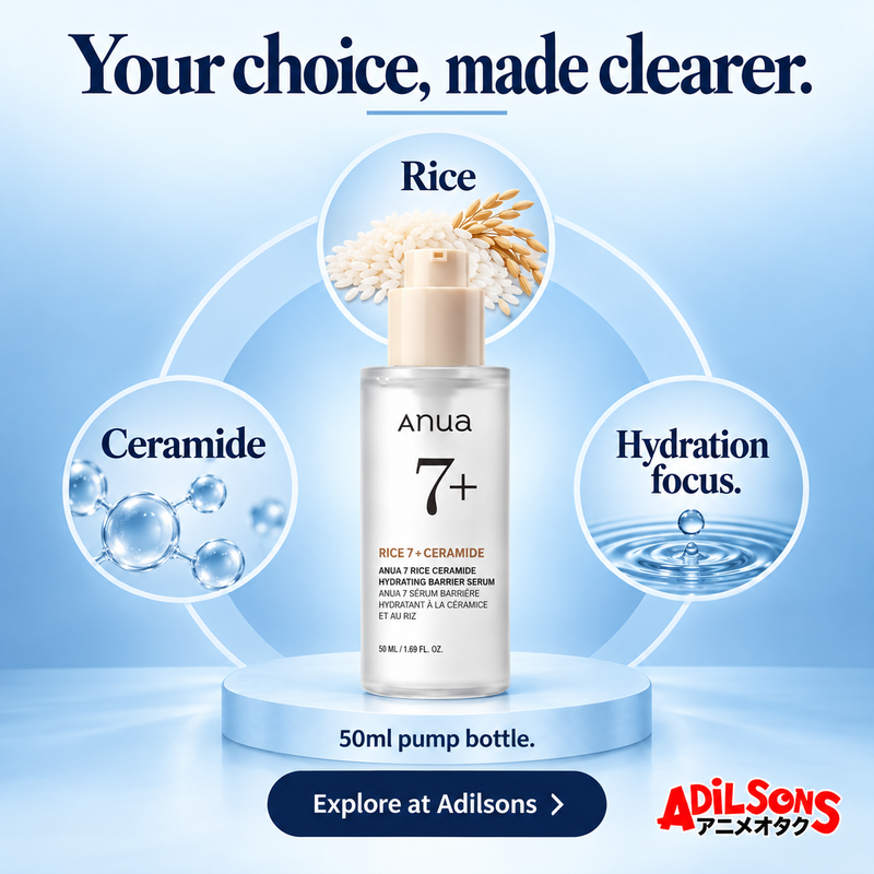 Anua Rice Ceramide Serum creative 20: Your choice, made clearer. Rice + Ceramide. Hydration focus. 50ml pump bottle.