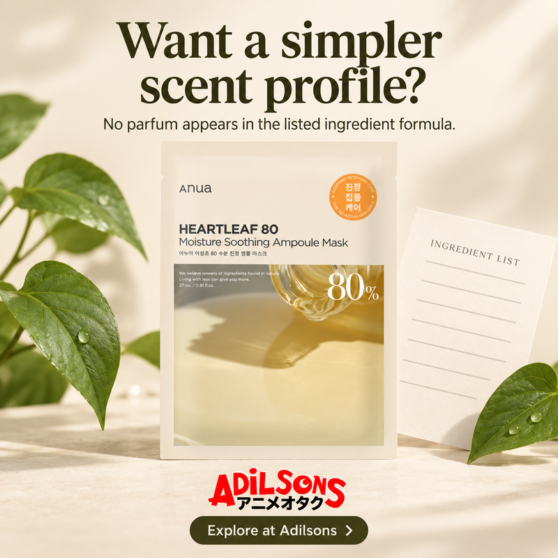 Anua Heartleaf80 Moisture Soothing Ampoule Mask creative 12: Want a simpler scent profile? No parfum appears in the listed ingredient formula.