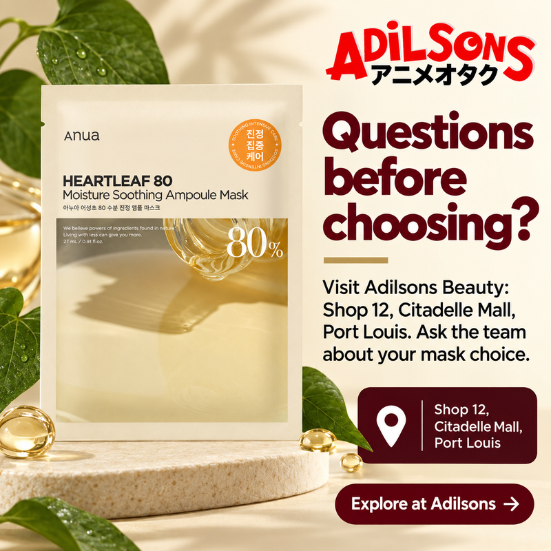 Anua Heartleaf80 Moisture Soothing Ampoule Mask creative 18: Questions before choosing? Visit Adilsons Beauty: Shop 12, Citadelle Mall, Port Louis. Ask the team about your mask choice.