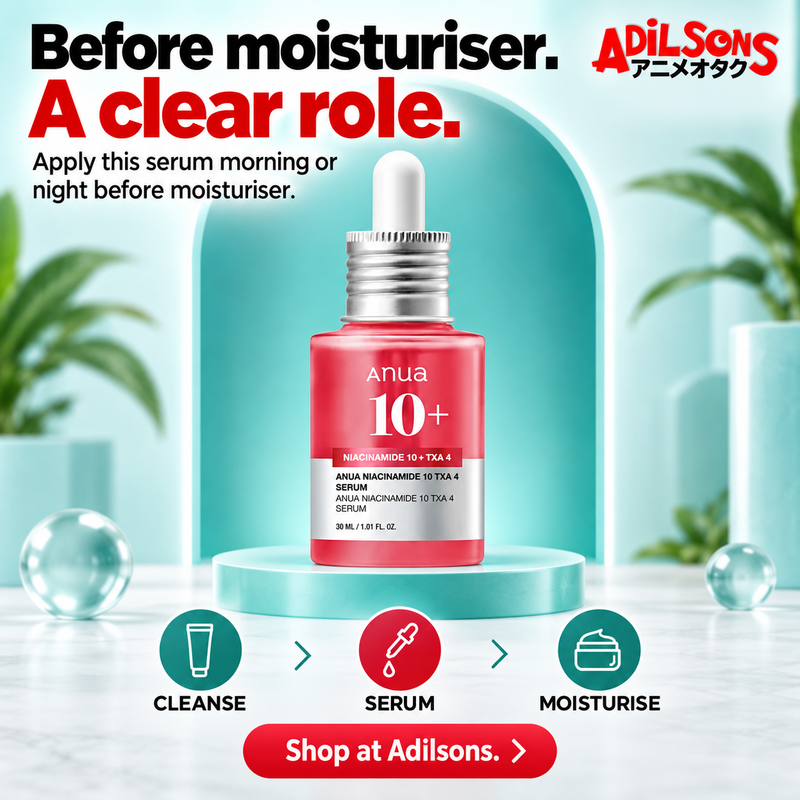 Anua Niacinamide10 TXA4 Serum30ml creative 4: Before moisturiser. A clear role. Apply this serum morning or night before moisturiser.