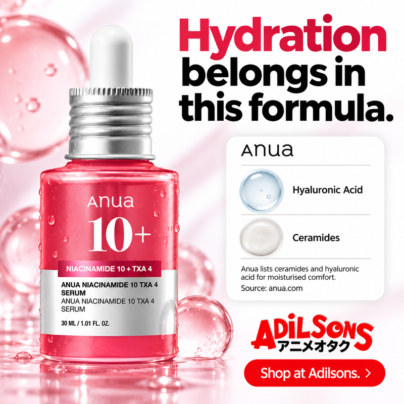 Anua Niacinamide10 TXA4 Serum30ml creative 11: Hydration belongs in this formula. Anua lists ceramides and hyaluronic acid for moisturised comfort. Source: anua.com