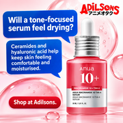Anua Niacinamide10 TXA4 Serum30ml creative 12: Will a tone-focused serum feel drying? Ceramides and hyaluronic acid help keep skin feeling comfortable and moisturised.