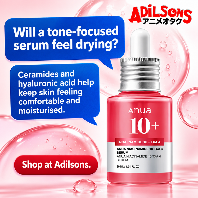 Anua Niacinamide10 TXA4 Serum30ml creative 12: Will a tone-focused serum feel drying? Ceramides and hyaluronic acid help keep skin feeling comfortable and moisturised.