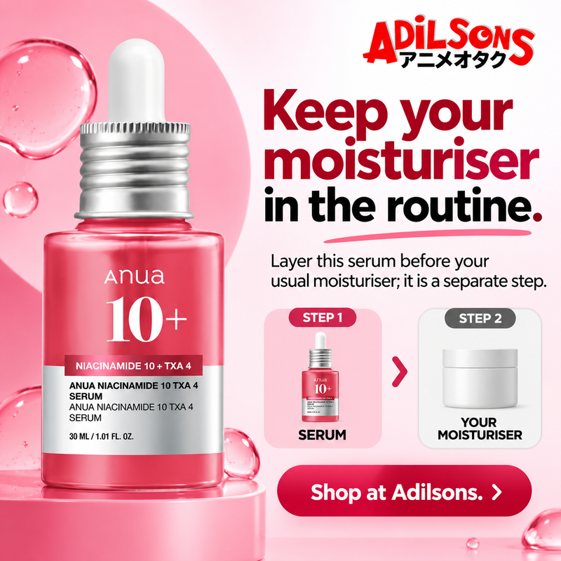 Anua Niacinamide10 TXA4 Serum30ml creative 14: Keep your moisturiser in the routine. Layer this serum before your usual moisturiser; it is a separate step.