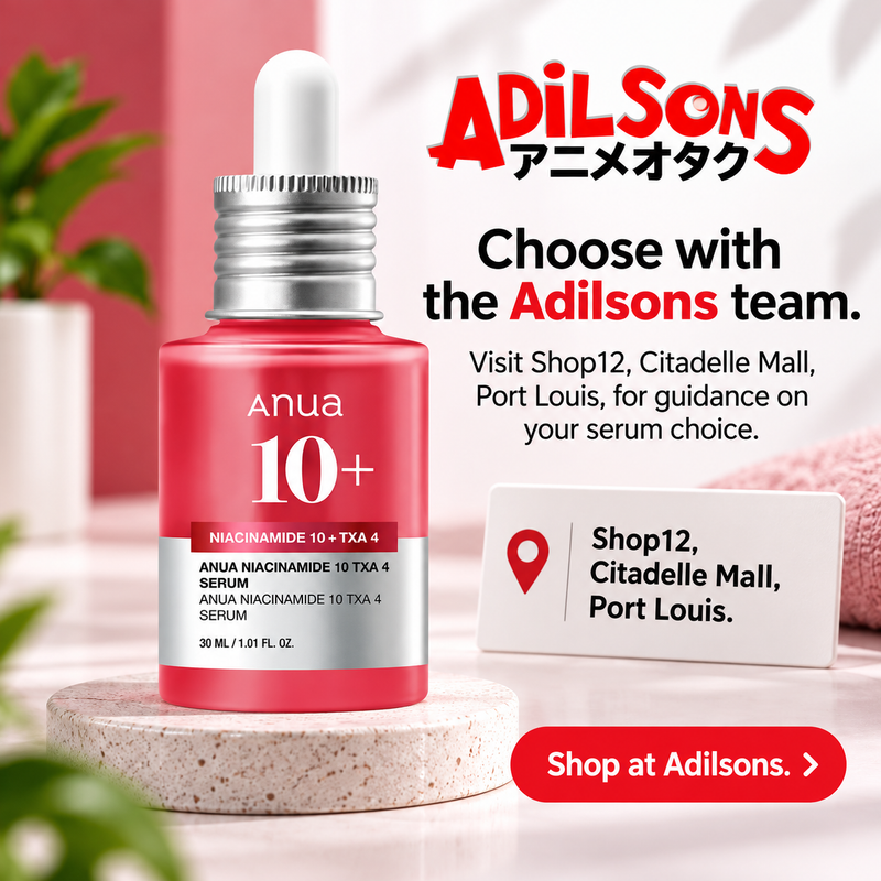 Anua Niacinamide10 TXA4 Serum30ml creative 18: Choose with the Adilsons team. Visit Shop12, Citadelle Mall, Port Louis, for guidance on your serum choice.