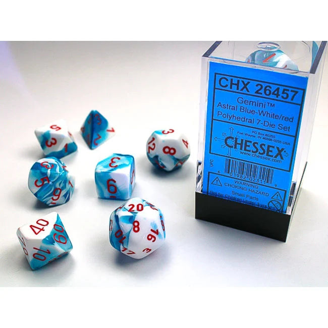 Chessex Gemini Polyhedral 7 Dice Set - Astral Blue - White w/Red