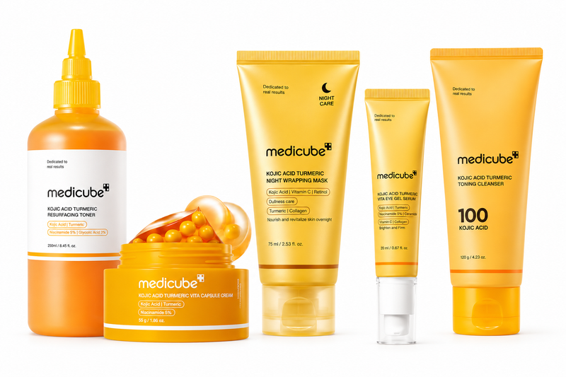 Medicube 5-Piece Kojic Acid Turmeric Brightening Set for Uneven Tone & Flat Brown Marks – Cleanser, Toner, Eye Gel, Cream & Night Wrapping Mask; Complete AM/PM Base; Use with Daily SPF
